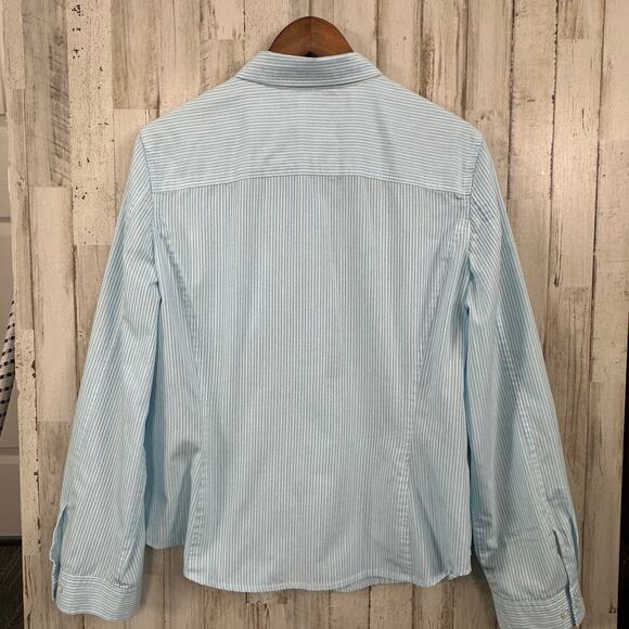 Jones New York Button Down Shirt Large Blue White Stripe Beachy Preppy Coastal - Picture 2 of 8